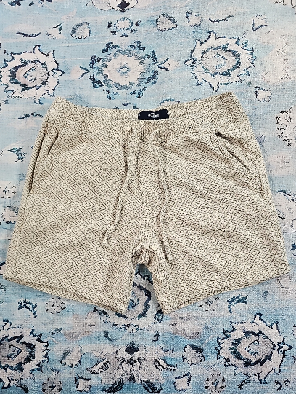Hollister Men Large Geometric Diamond Print Cotton Drawstring Shorts Beige Brown